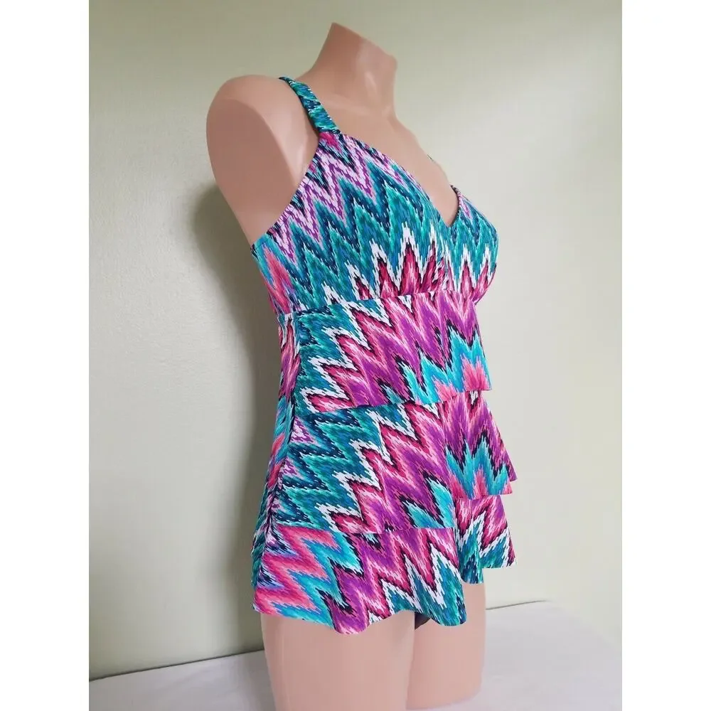 Swim Solutions Island Sunset Tummy-Control Tiered One-Piece Swimsuit  size 8 - Picture 4 of 6